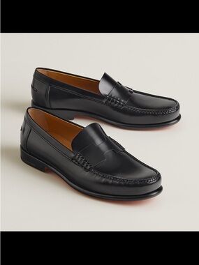 NWB Hermes Kennedy Loafer Mens Sz 44.5 Black Calf Skin Leather Slip Dress shoe